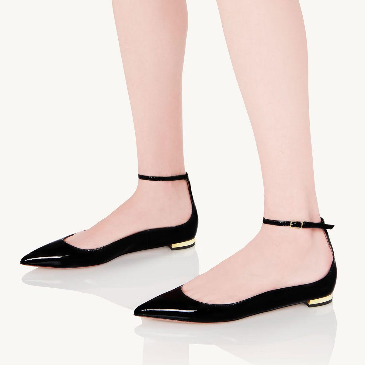 Classy Black Patent Leather Buckle Ankle Strap Pointed Toe Flats Nicepairs