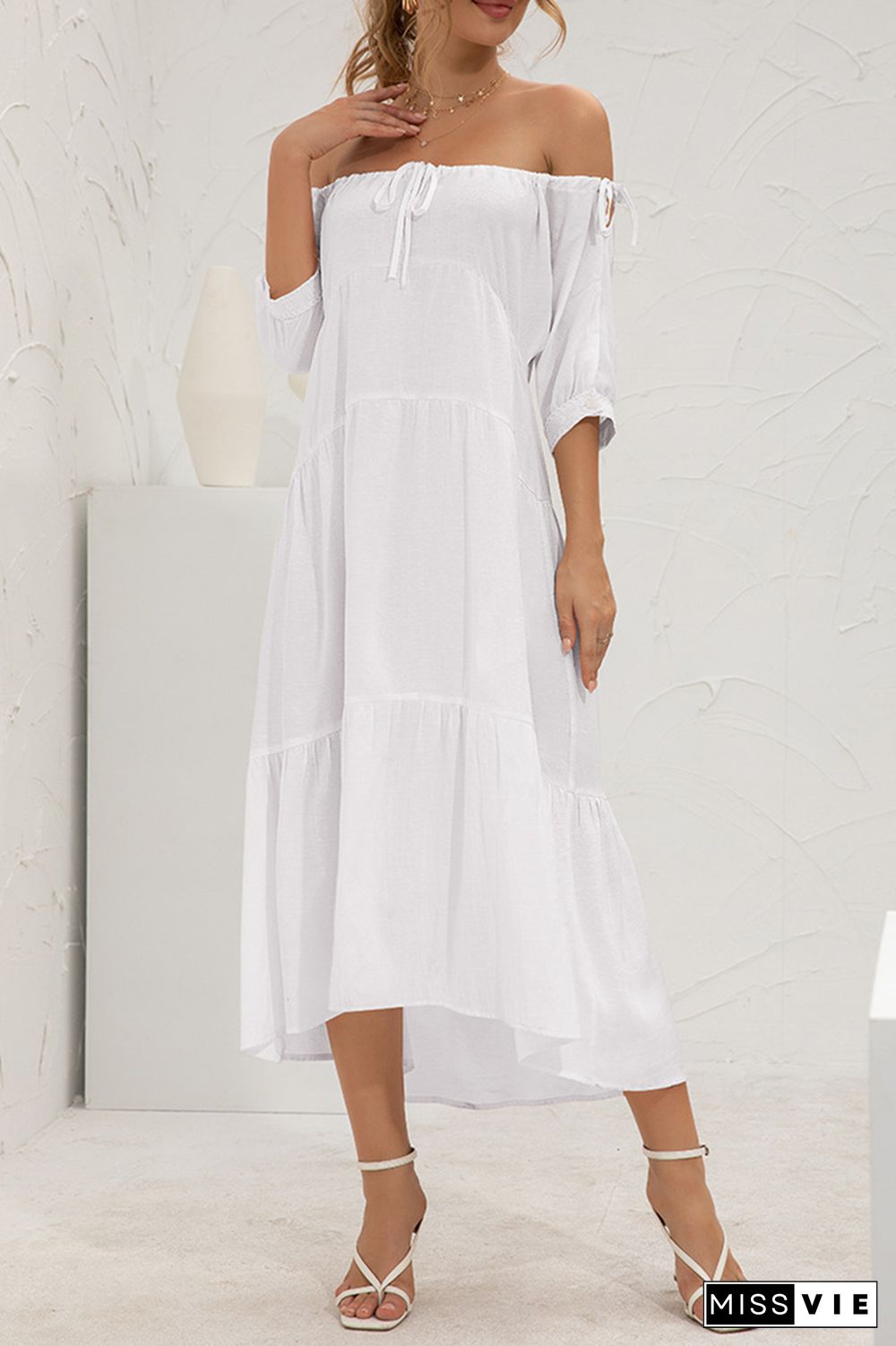 Elegant Solid Split Joint Frenulum Off the Shoulder Cake Skirt Dresses