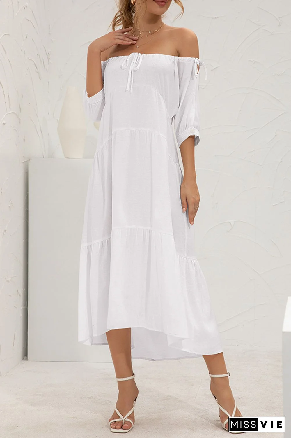 Elegant Solid Split Joint Frenulum Off the Shoulder Cake Skirt Dresses