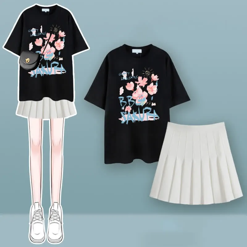 Tulip Cherry Blossom Print T-Shirt Pleated Skirt Two Pieces Set