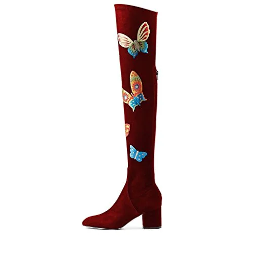 Burgundy Suede Butterflies Print Over-the-Knee Long Boots |FSJ Shoes