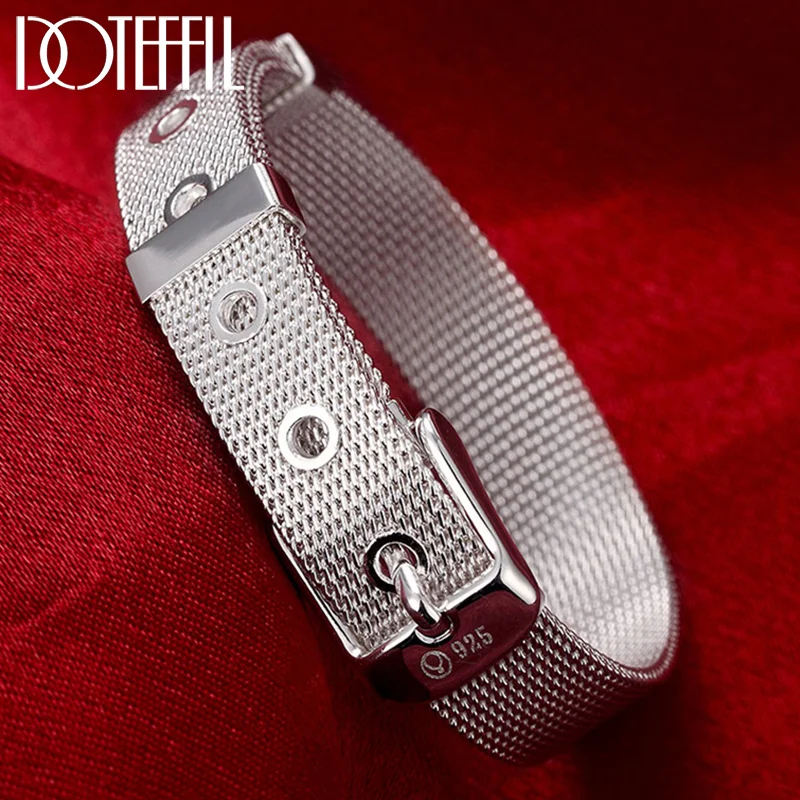 DOTEFFIL 925 Sterling Silver 10/12/14mm Web Watch Belt Bangles Bracelets For Women Men Jewelry