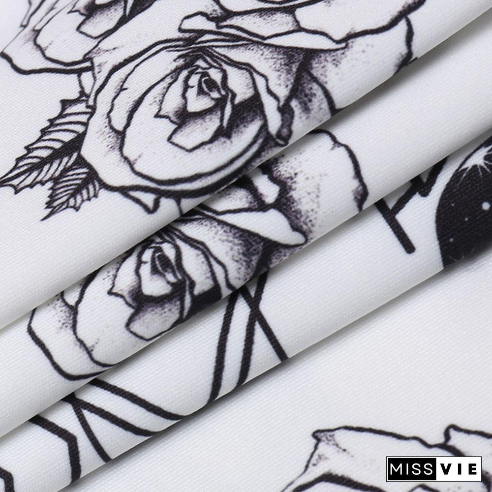 Women's Vintage Cheongsam Print Dress Floral White Short Sleeve High Waist Skinny Mini Dress Party Slit Cheongsam