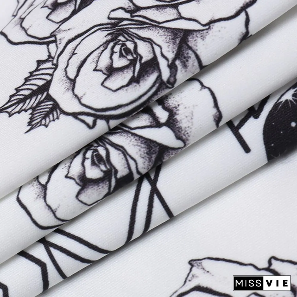 Women's Vintage Cheongsam Print Dress Floral White Short Sleeve High Waist Skinny Mini Dress Party Slit Cheongsam