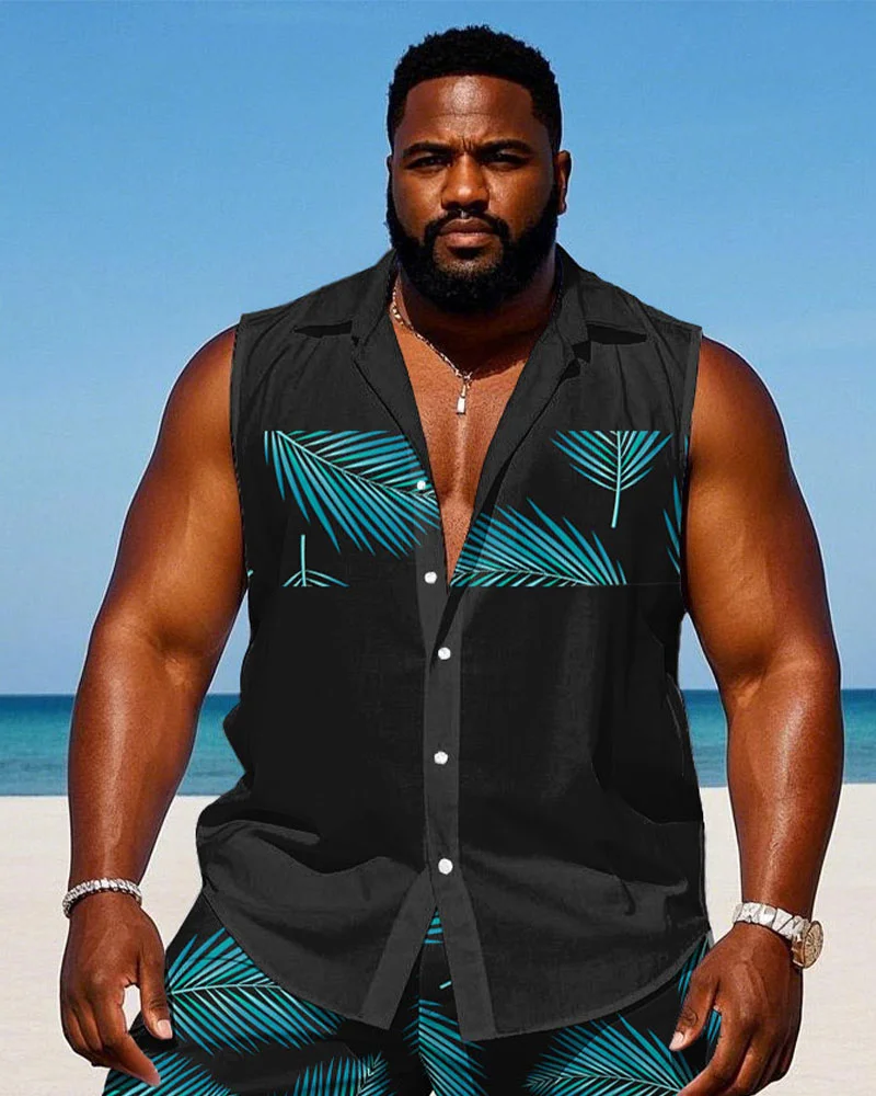 Men's Plus Size Hawaiian Black Fashion Plant Stitching Sleeveless Vest Shirt Shorts Suit