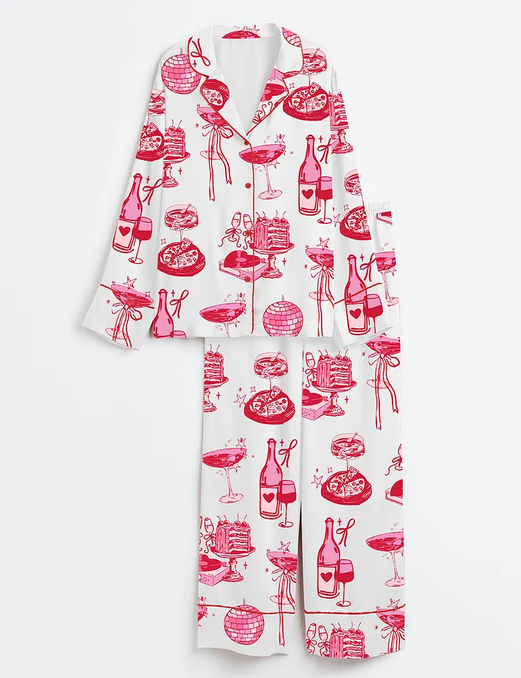 Women&rsquo;s Homebody Cocktail Girl Social Club Retro Disco Ball Margarita Print Long Sleeve Satin Pajama Set