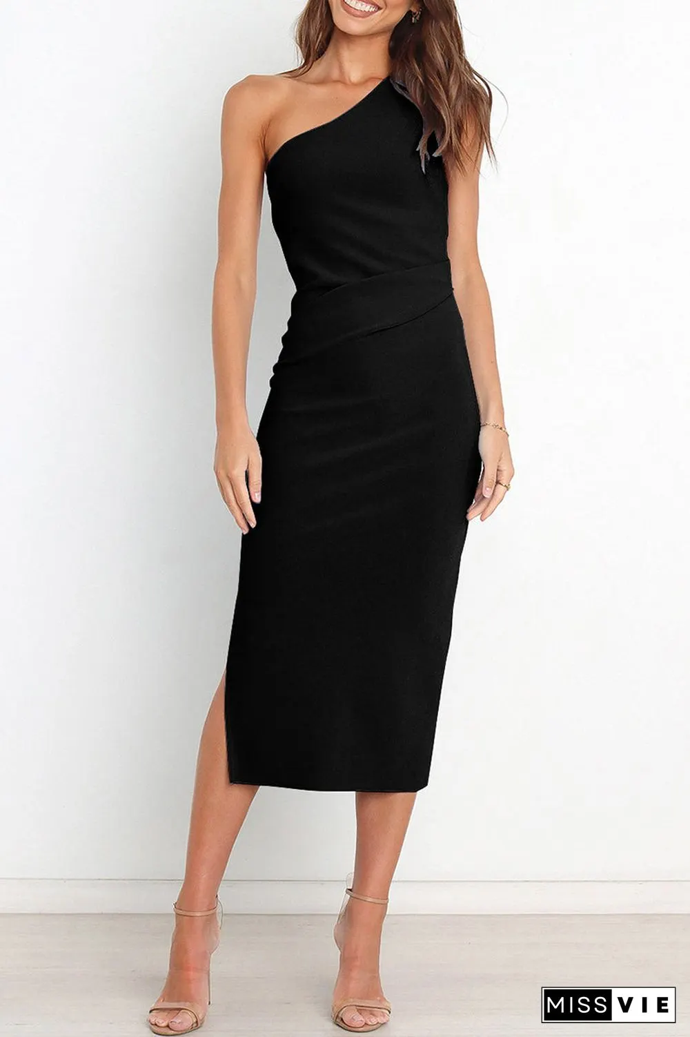 Sexy Simplicity Solid Fold Oblique Collar A Line Dresses