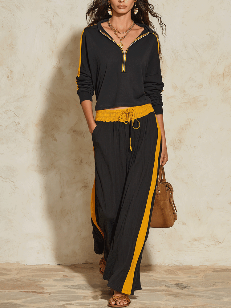Sporty Chic Cotton Half-Zip Contrast-Stripe Black & Mustard Two-Piece Set