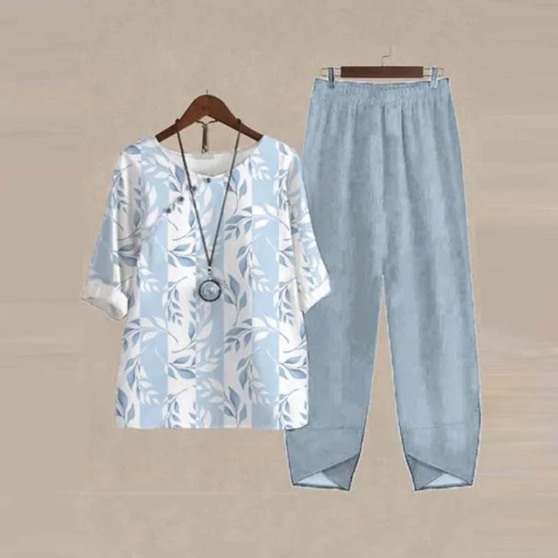 Women's Half Sleeve Scoop Neck Floral Printed Buttons Top & Pockets Design Long Pants Set