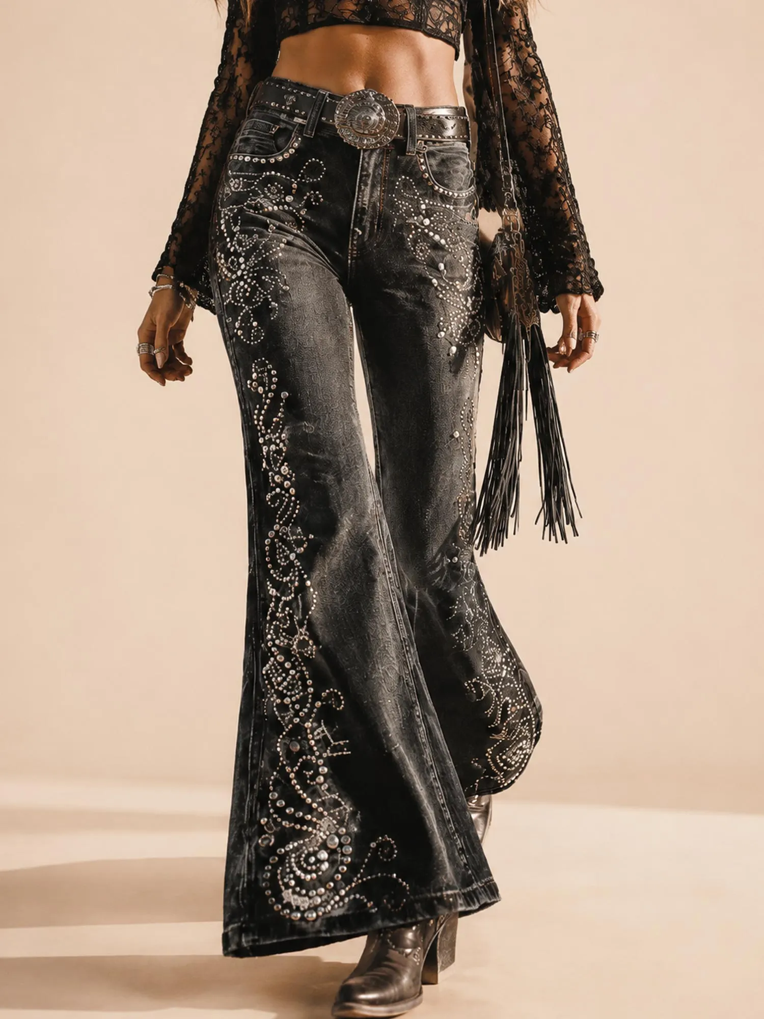 Western Boho Chic &mdash; Black High Waist Embellished Bootcut Denim Jeans（Belt not included）