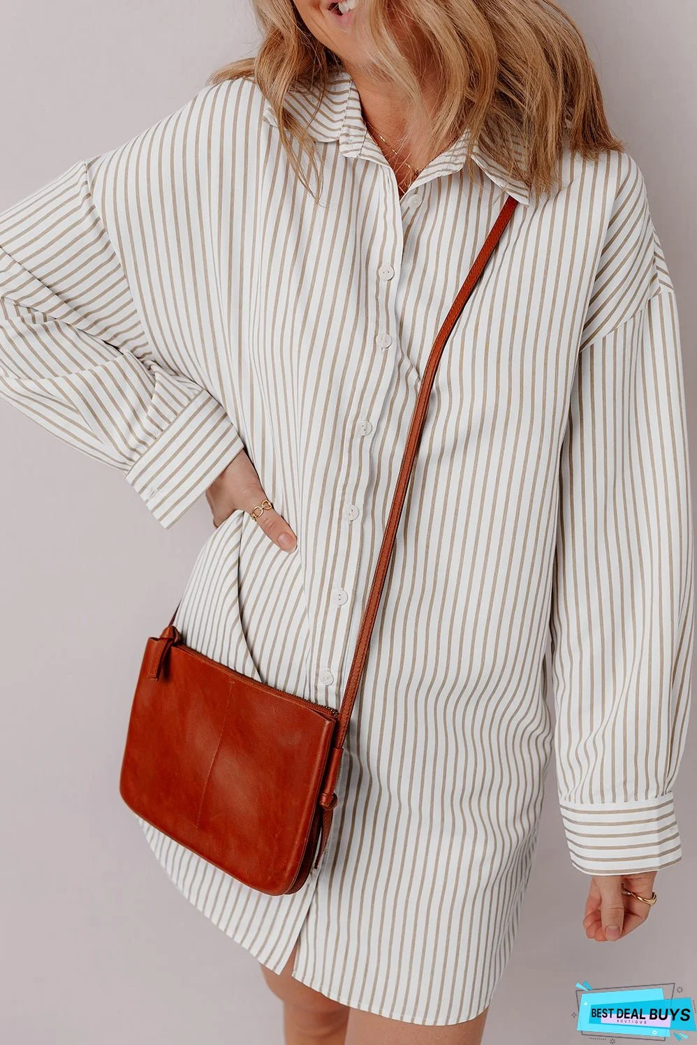 Khaki Stripe Long Sleeve Button Up Mini Shirt Dress