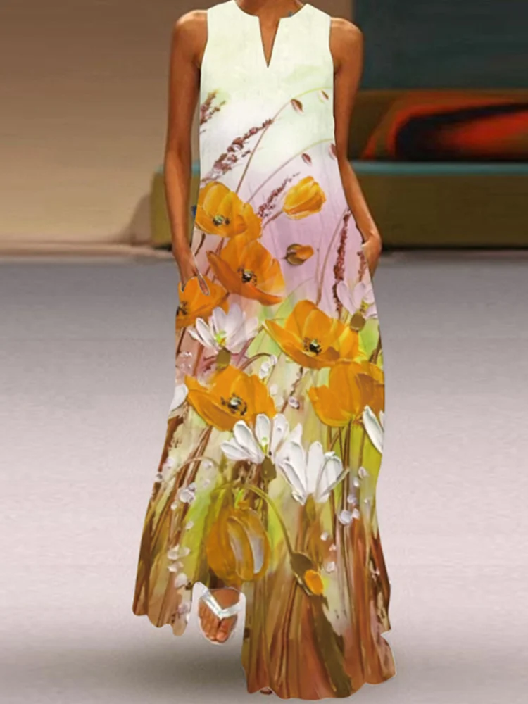 Floral Art Series Printed Sleevess Maxi Dress