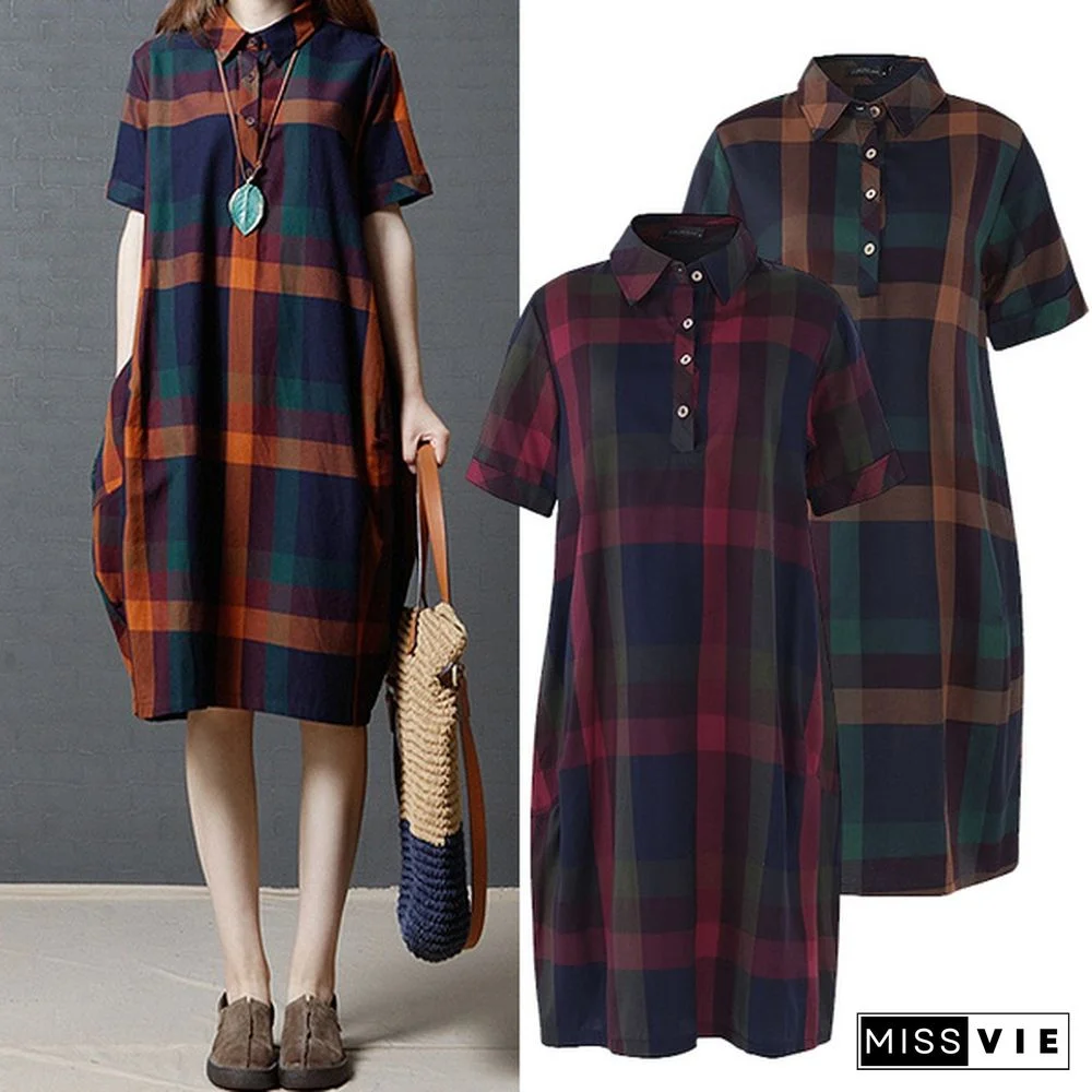 Women Vintage Loose Lapel Short Sleeve Check Plaid Loose Tunic Midi Dress Plus Holiday