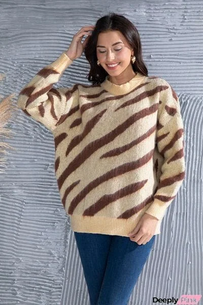 Animal Element Round Neck Dropped Shoulder Sweater