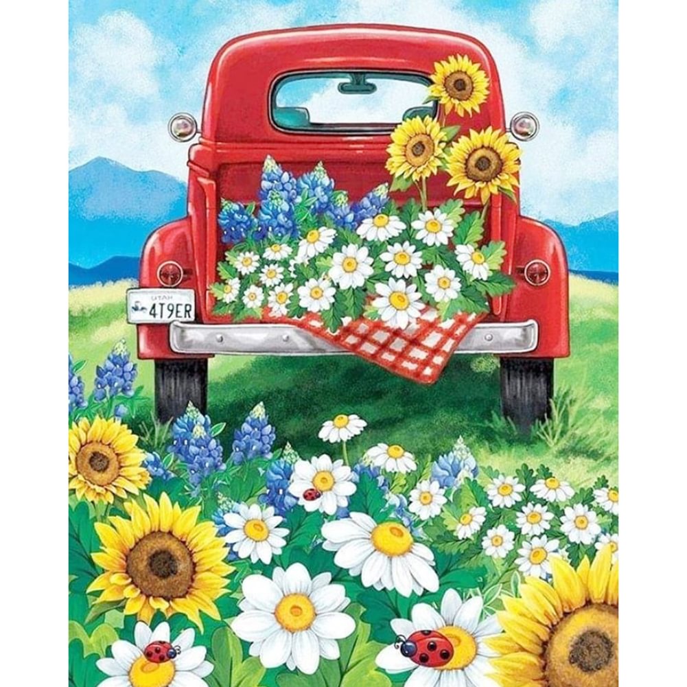 Car And Flower - Full Round - Diamond Painting