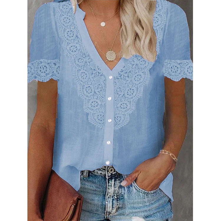 women's new lace stitching short sleeve shirt top socialshop