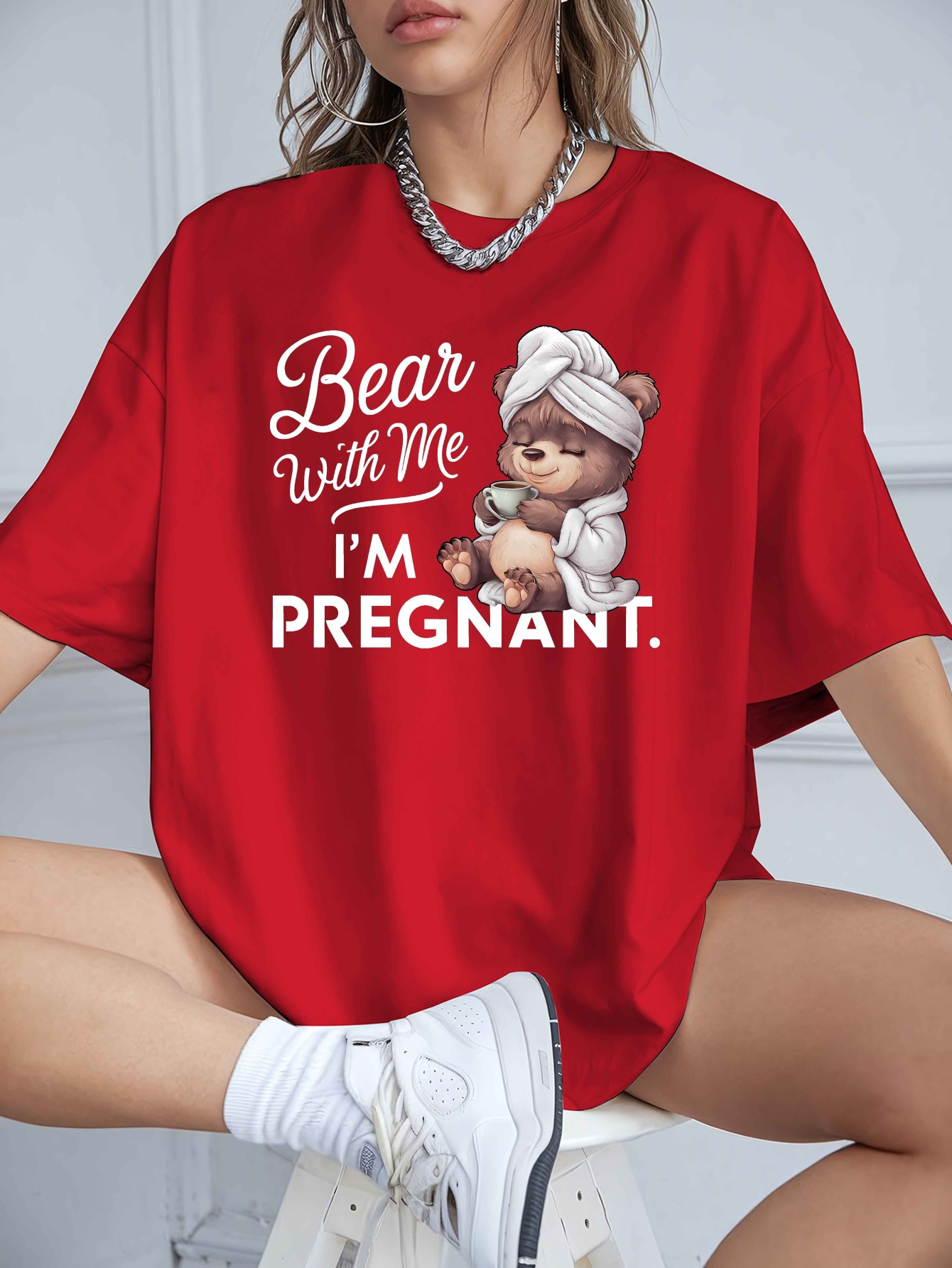 Cute Plus Size Women's Bear With Me I'm Pregnant Graphic T-Shirt | Black With White Text, Casual Short Sleeve Crew Neck Top For Maternity Pregnancy Announcement, Spring Summer Comfort Fit, Pregnancy Clothes, Durable Fabric | IFYHOME