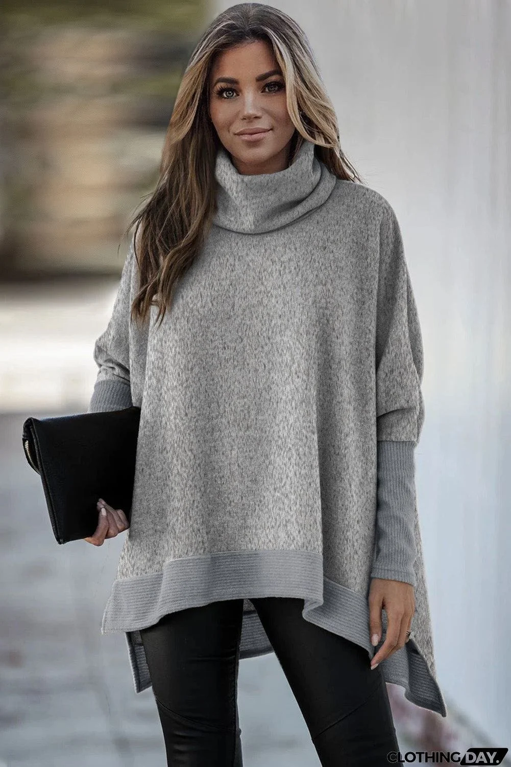 Turtleneck Bat Sleeve Side Slit Tunic Top