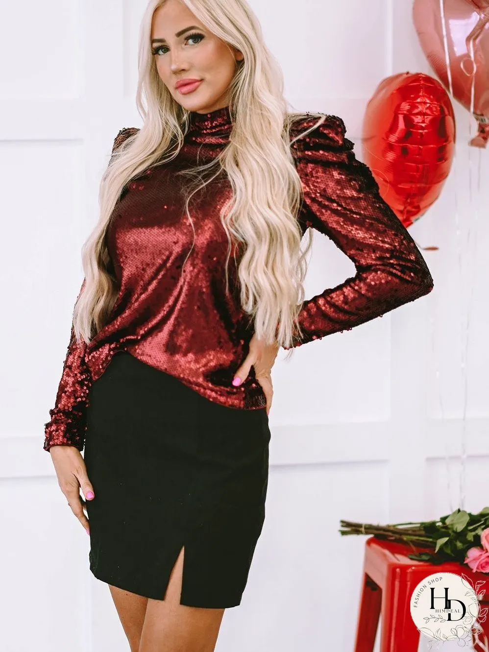 Burgundy Sequin High Neck Ruched Sleeve Top