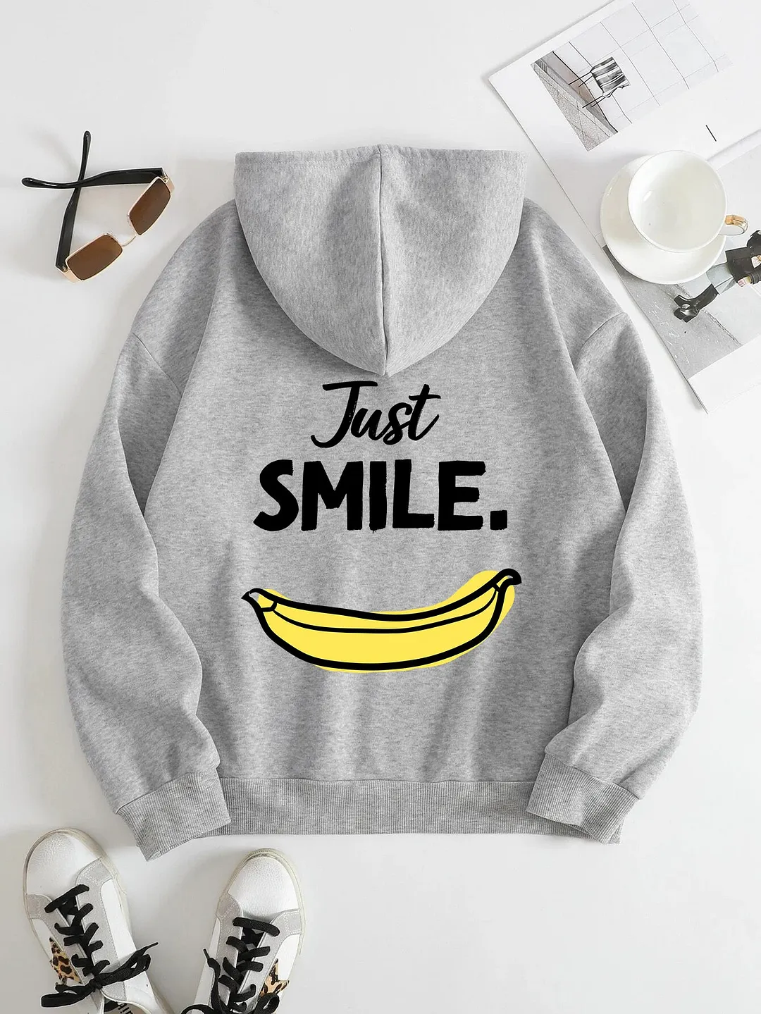 Printed on the Back Kangaroo Pocket Hoodie Long Sleeve for Women Pattern Just Smile