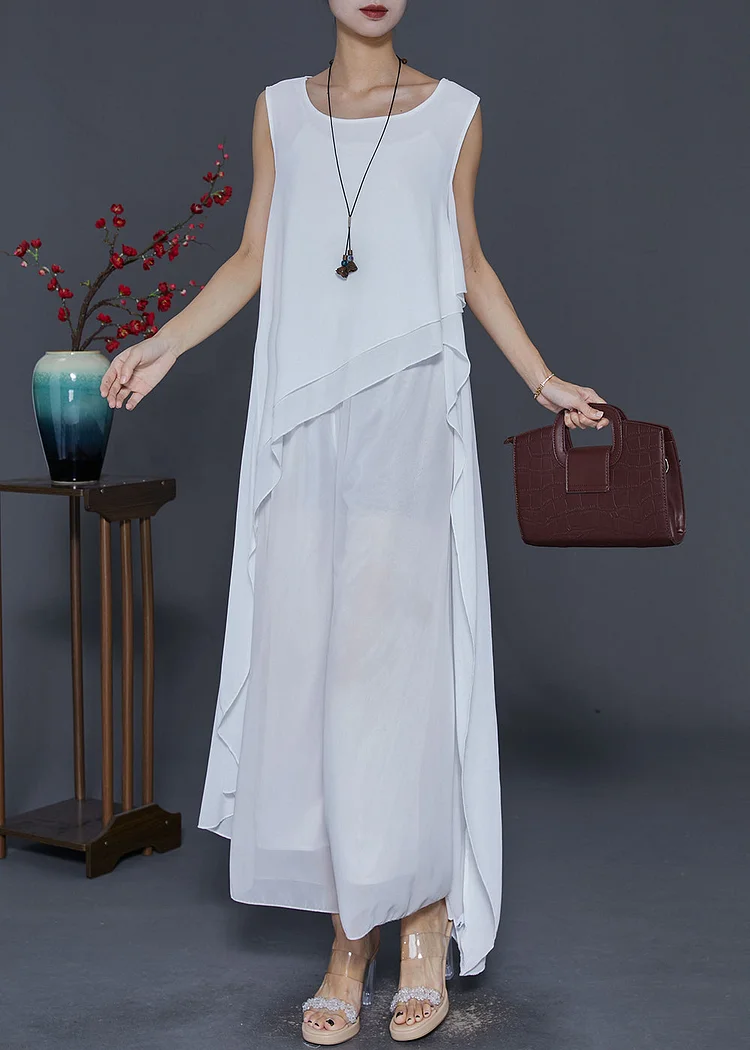 Chic White Asymmetrical Design Draping Chiffon Dresses Summer