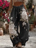Women's Vintage Romantic White Rose Embroidery Art Comfy Linen Pants - Image 3