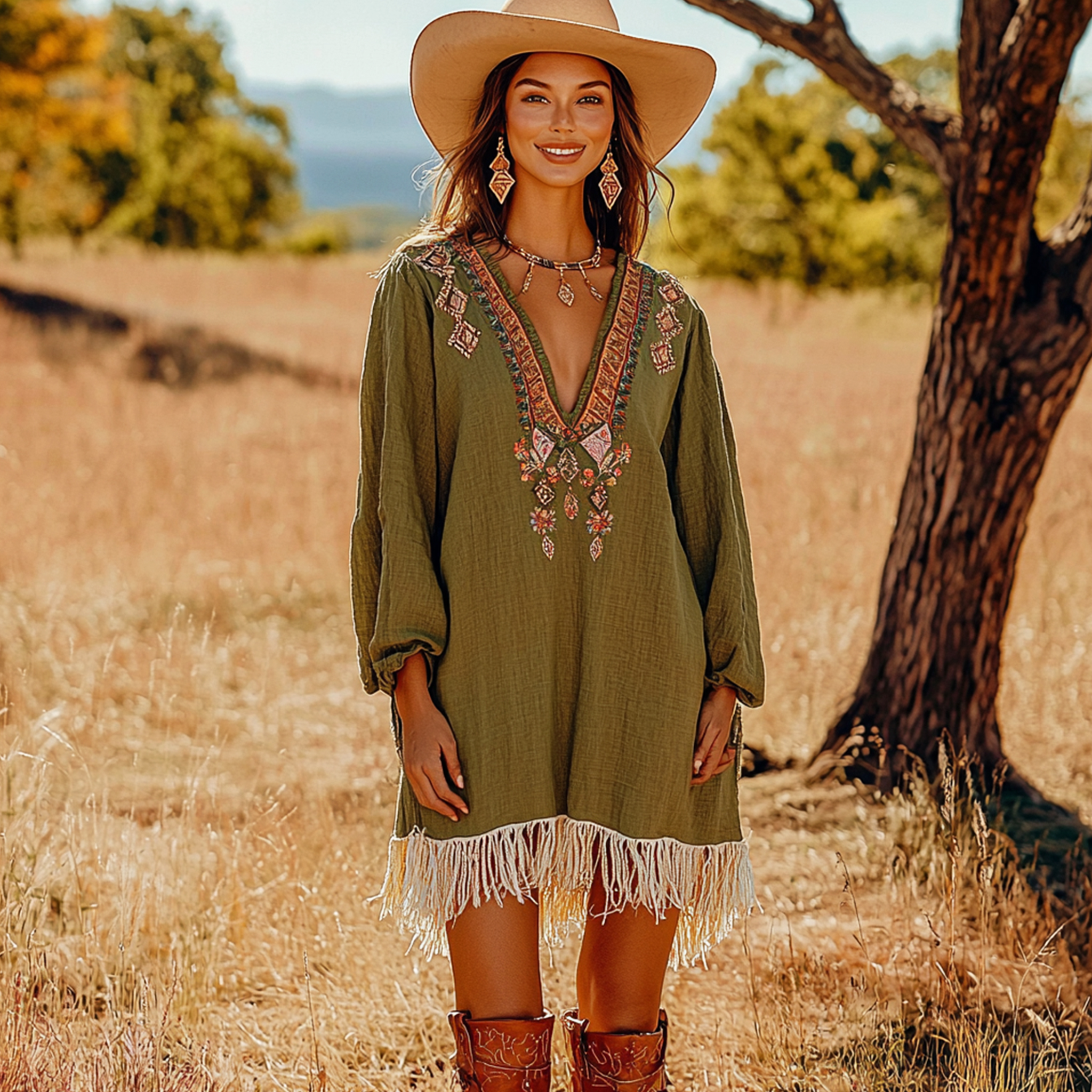 Women's Bohemian V-neck Loose Long Sleeve Mini Dress