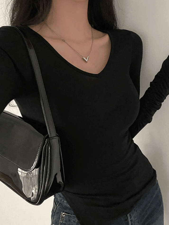 Solid Color V Neck Long Sleeve Tee