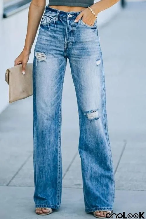 Distressed Straight Leg Jeans