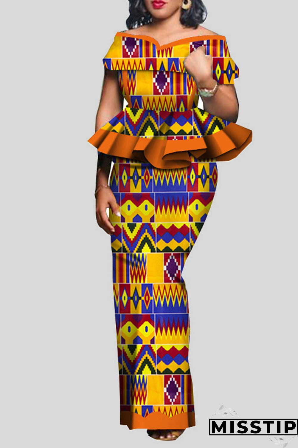 Red Orange Vintage Elegant Print Patchwork Flounce V Neck Short Sleeve Two Pieces