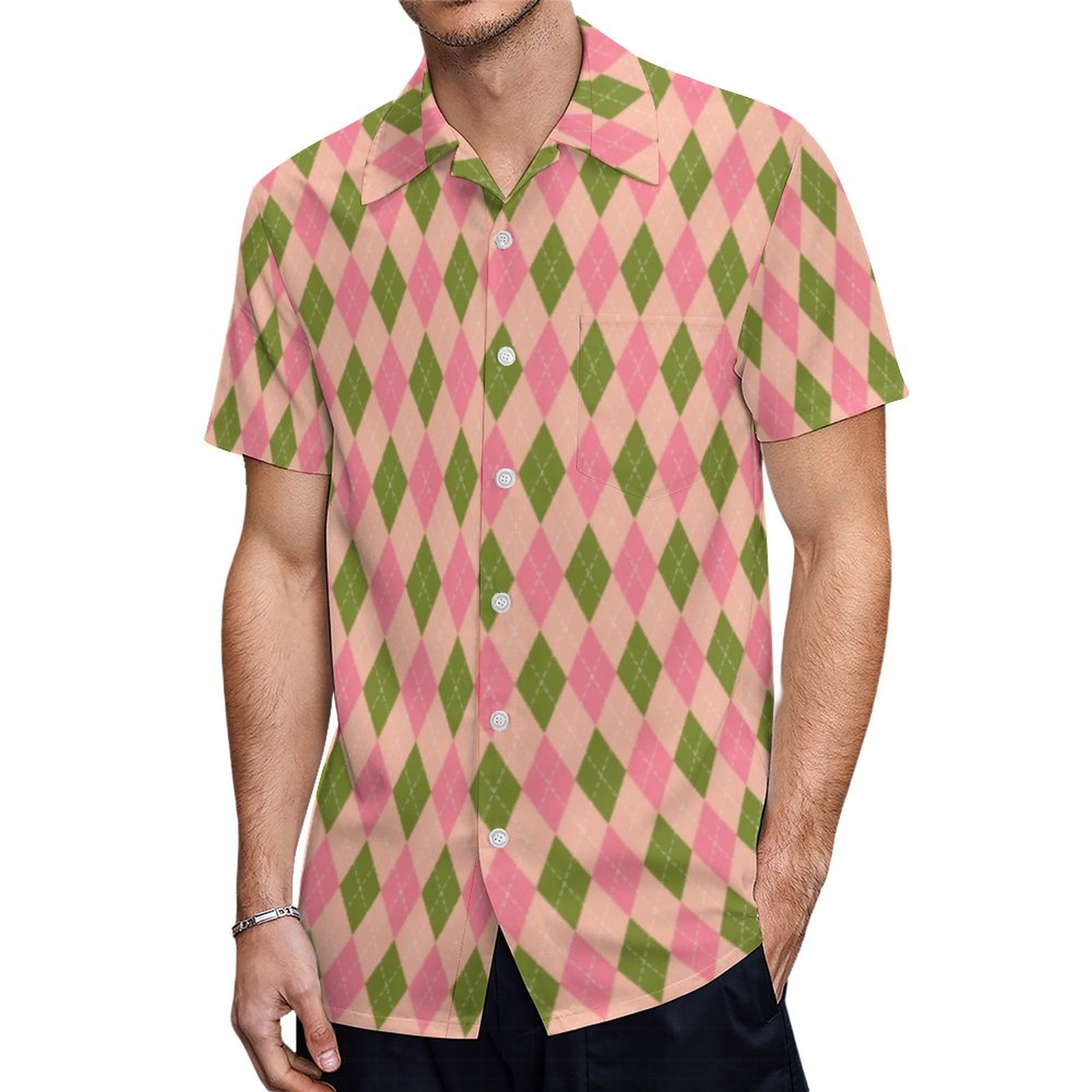 Pretty Pastel Pink And Green Preppy Argyle Diamond Hawaiian Shirt Mens Button Down Tropical Hawaii Beach Shirts