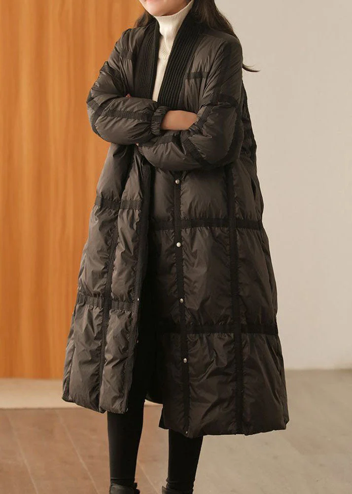 Black Patchwork Thick Duck Down Down Coat Oversized Solid Winter