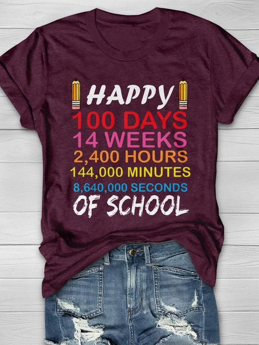 Happy Date 100 Days Of School Print Short Sleeve T-shirt