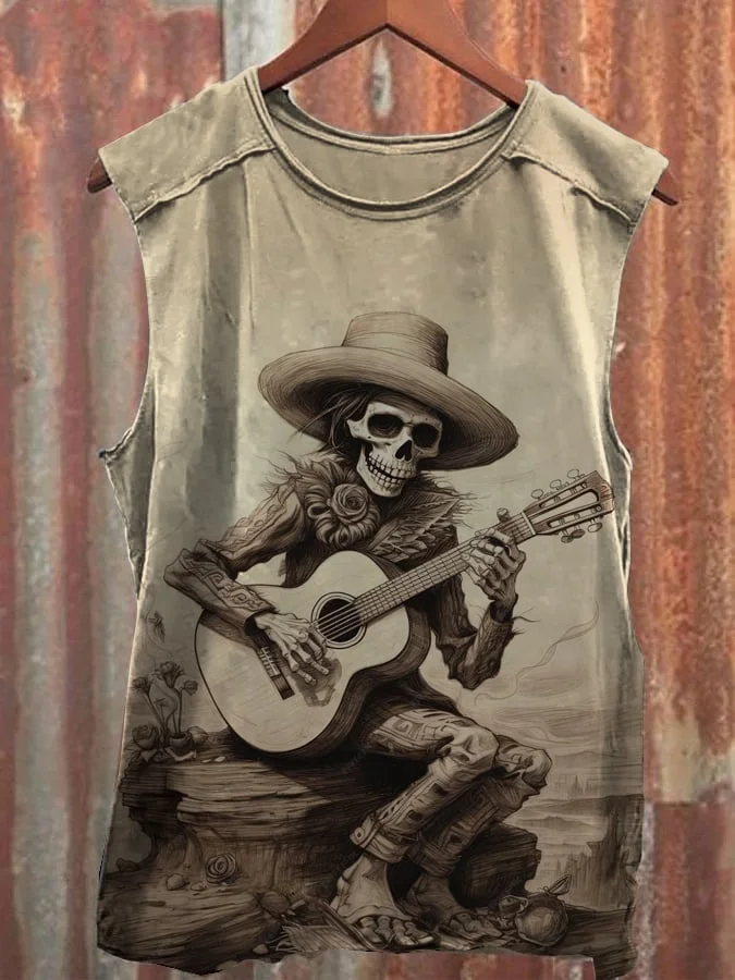 Unisex Vintage Day of the Dead Guitar Player Print Casual Vest