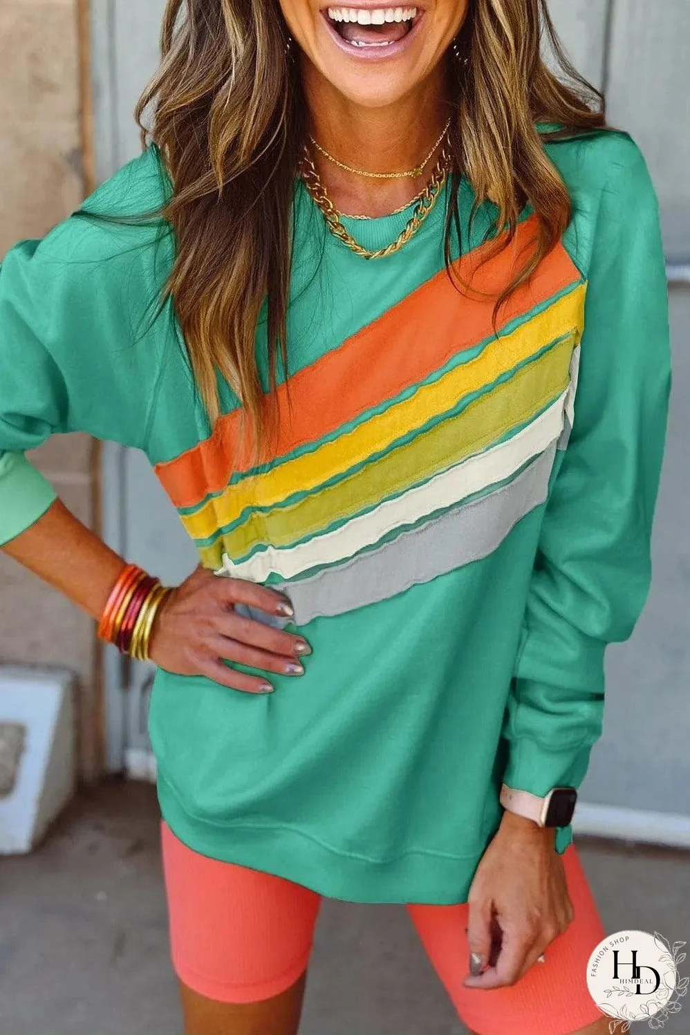 Mint Green Rainbow Colorblock Striped Pullover Sweatshirt