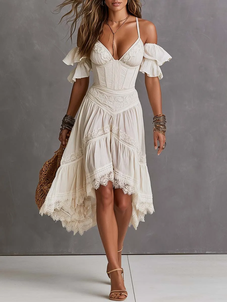 Vestido midi boho de ombro a ombro com renda, espartilho e babados assimétricos - vista frontal