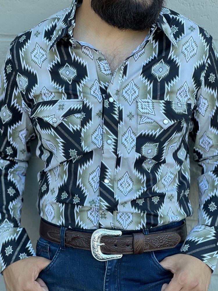 Rock and Roll Olive Aztec Snap Long Sleeve Shirt