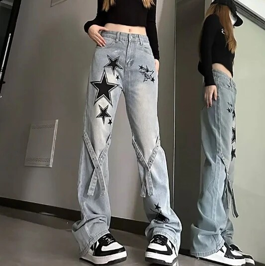 Funnipros school outfits Y2K New American Hip-hop Star Jeans Female Ins High Waist Slim Fashion Joker Loose Covered Straight Wide-leg Pants Casual Pants