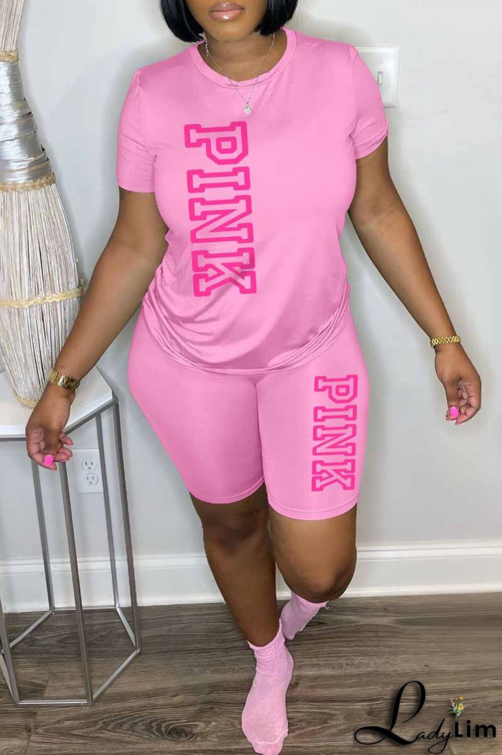 Blue Casual Print Letter O Neck Short Sleeve Two Pieces