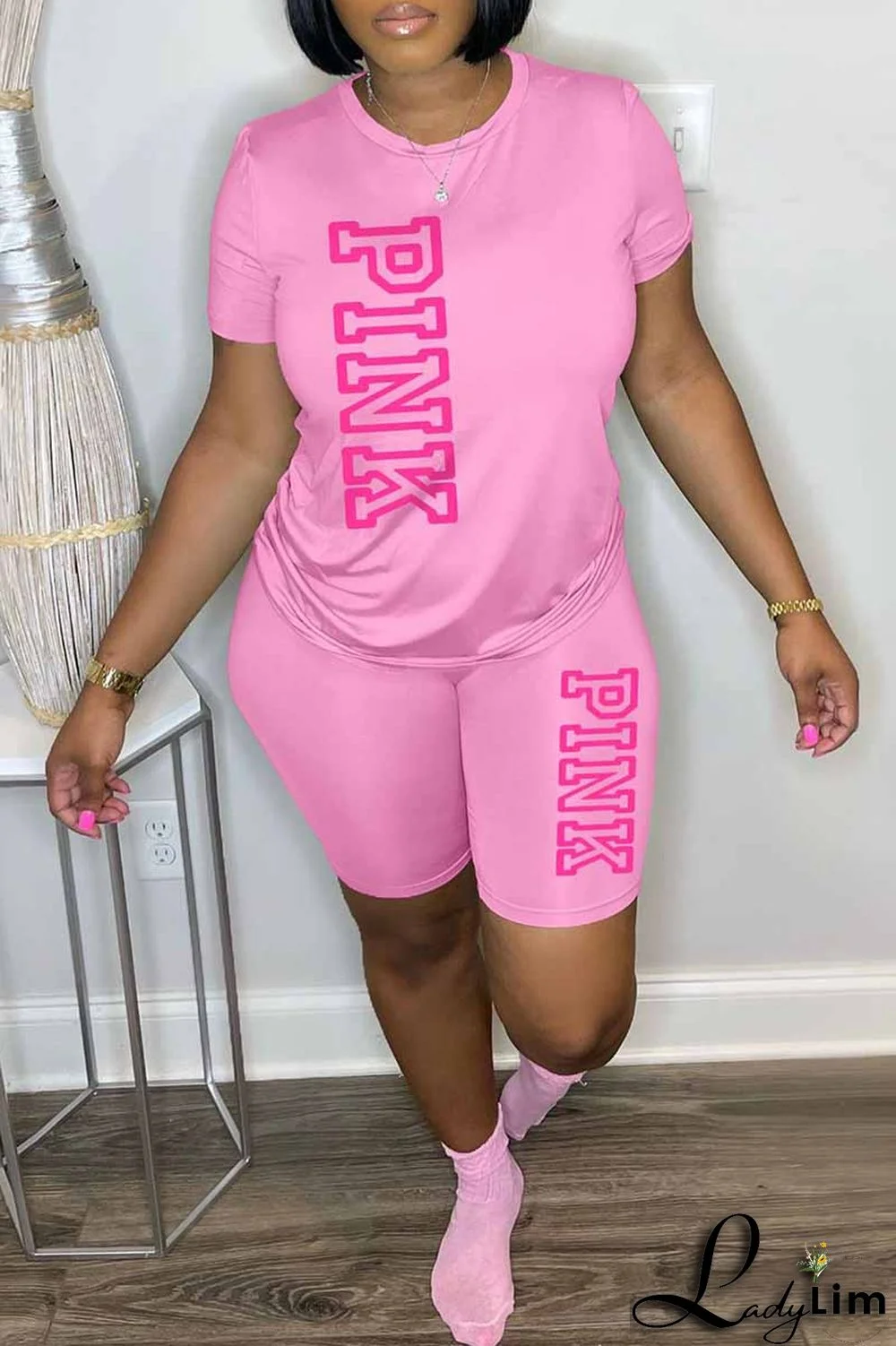 Blue Casual Print Letter O Neck Short Sleeve Two Pieces