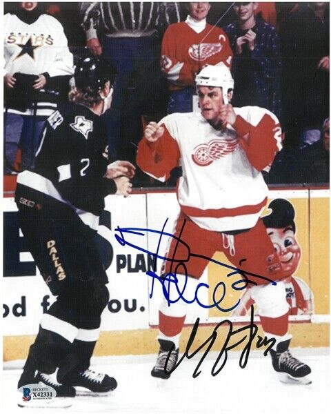 Derrian Hatcher -v- Darren McCarty signed Detroit Red Wings 8x10 Photo Poster painting BAS COA