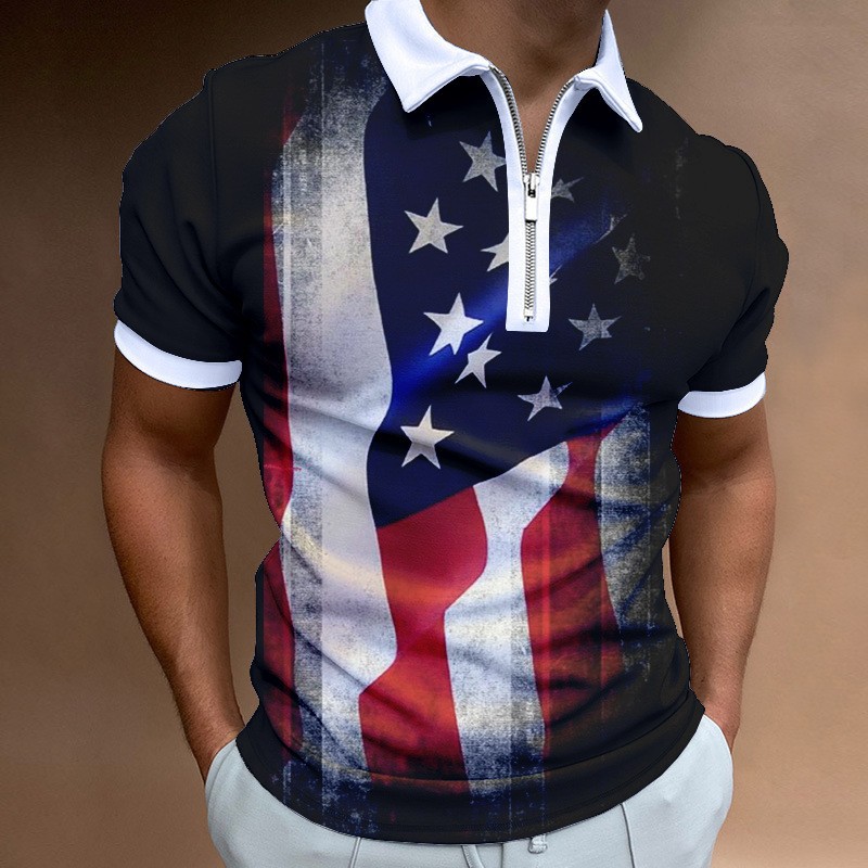 Men's Independence Day printed short sleeved zippered polo shirt PLUSCLOTHESMAN