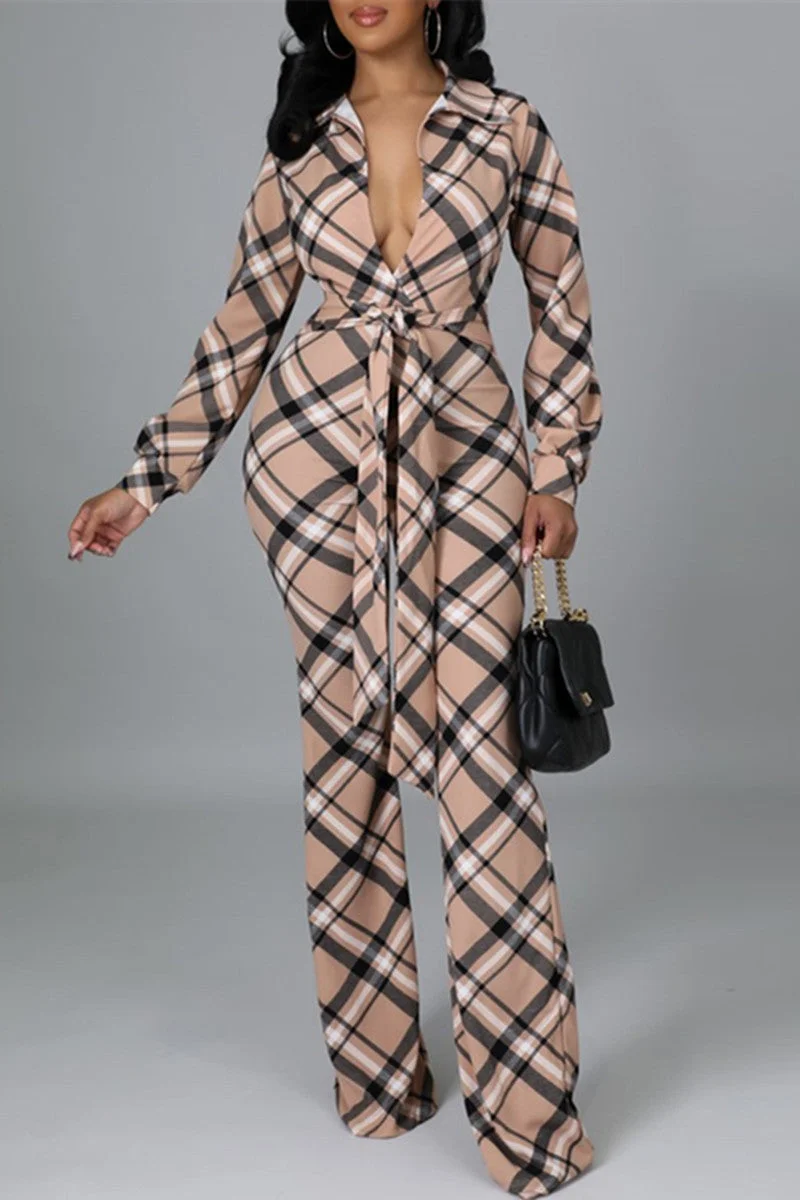 Fashion Casual Plaid Print Bandage Turndown Collar Regular Jumpsuits