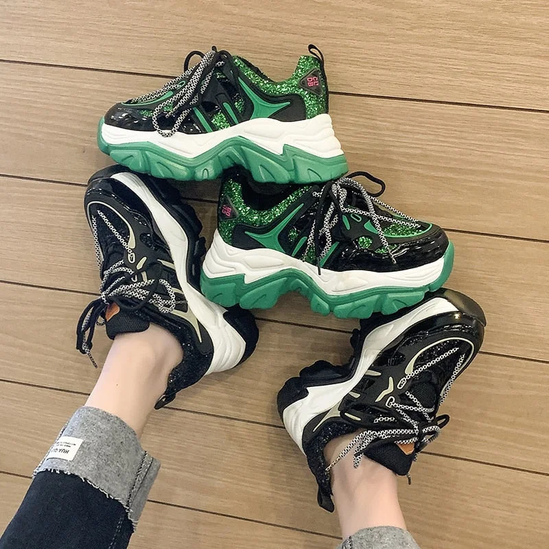 Green Glitter Basketball Sneakers For Women Fashion Platform Chunky Sneakers Woman 2022 Spring Thick Bottom Sports Shoes