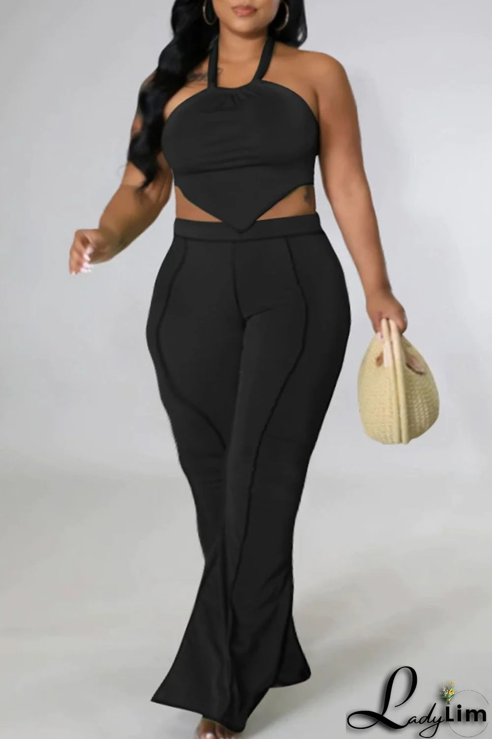 Black Sexy Solid Split Joint Backless Asymmetrical Halter Plus Size Two Pieces