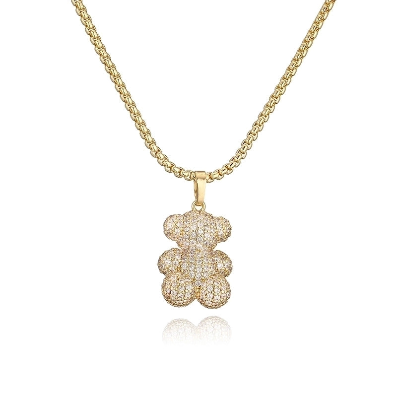 Sweet Light Luxury Copper Inlaid Color Diamond Sitting Standing Bear Necklace Female Personalized Hip Hop Love Bear Cross Chain Necklace