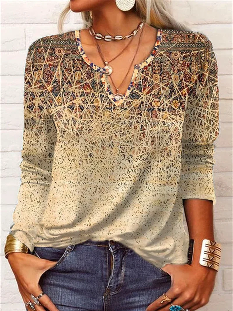 Women's Long Sleeve V-neck Floral Printed Graphic Tops