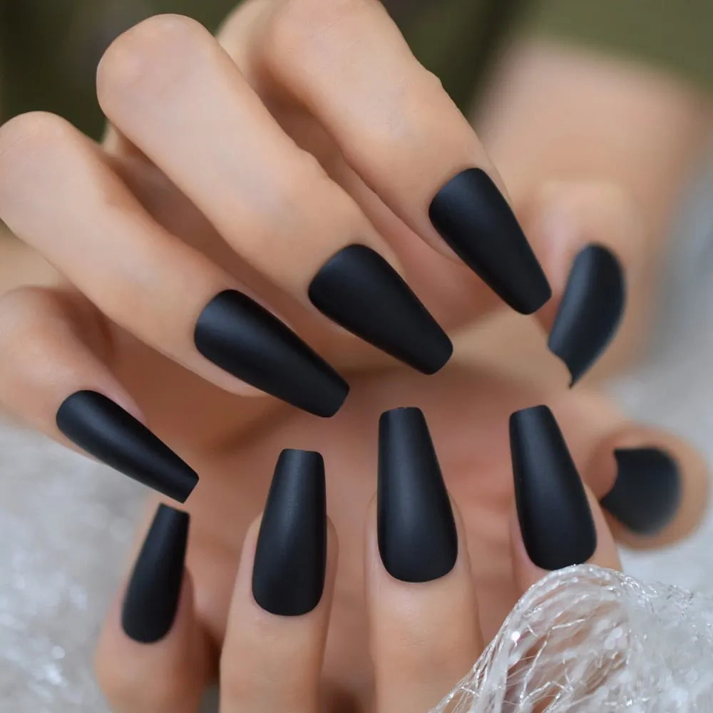 EchiQ Glossy Coffin Fake Nails Pink Long Size Thick Faux Ongles Ballerina Press On Nails Reuseable Square Manicure Tips 24-Nail Inspo