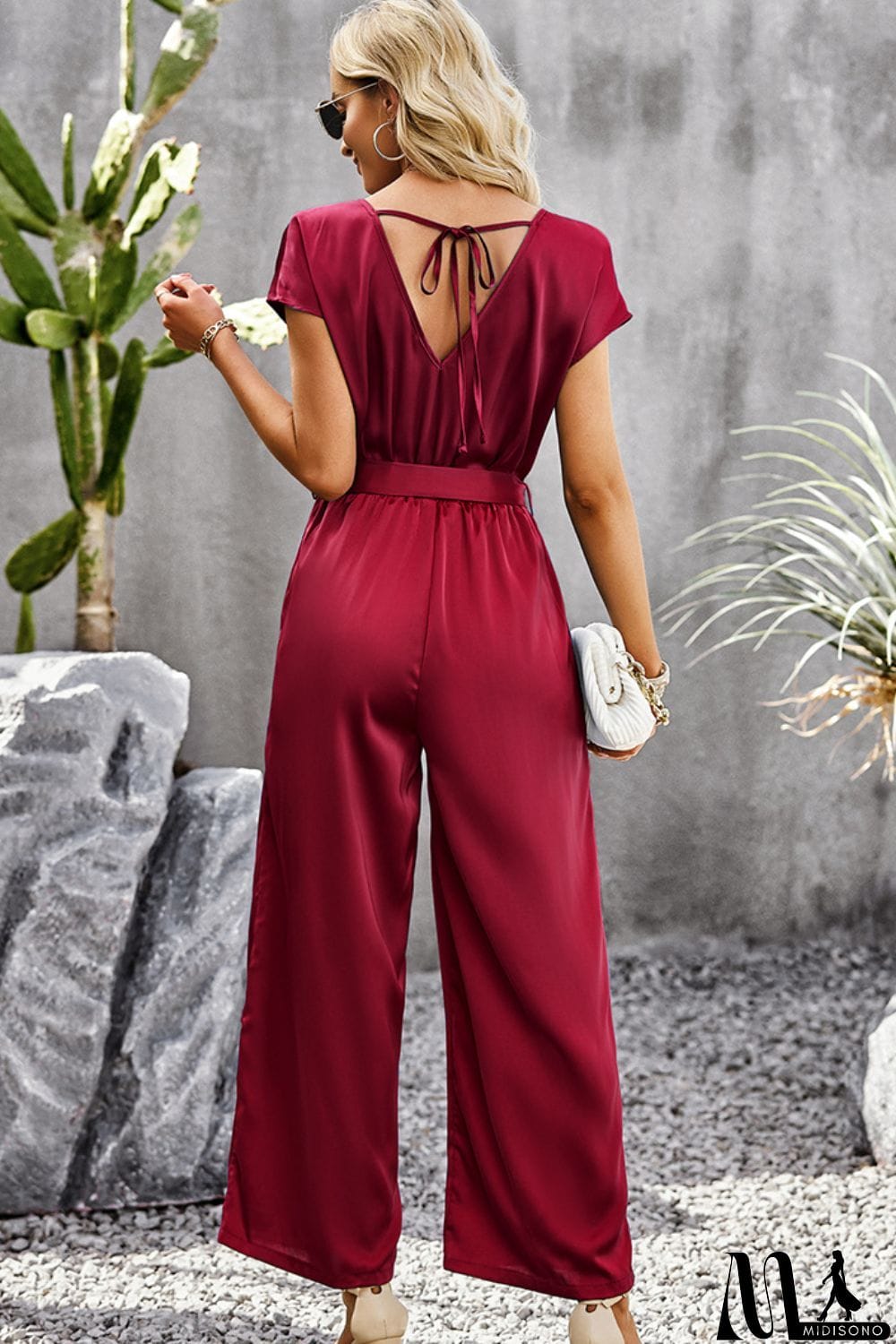 MidiSono - Tie Belt V-Neck Short Sleeve Jumpsuit