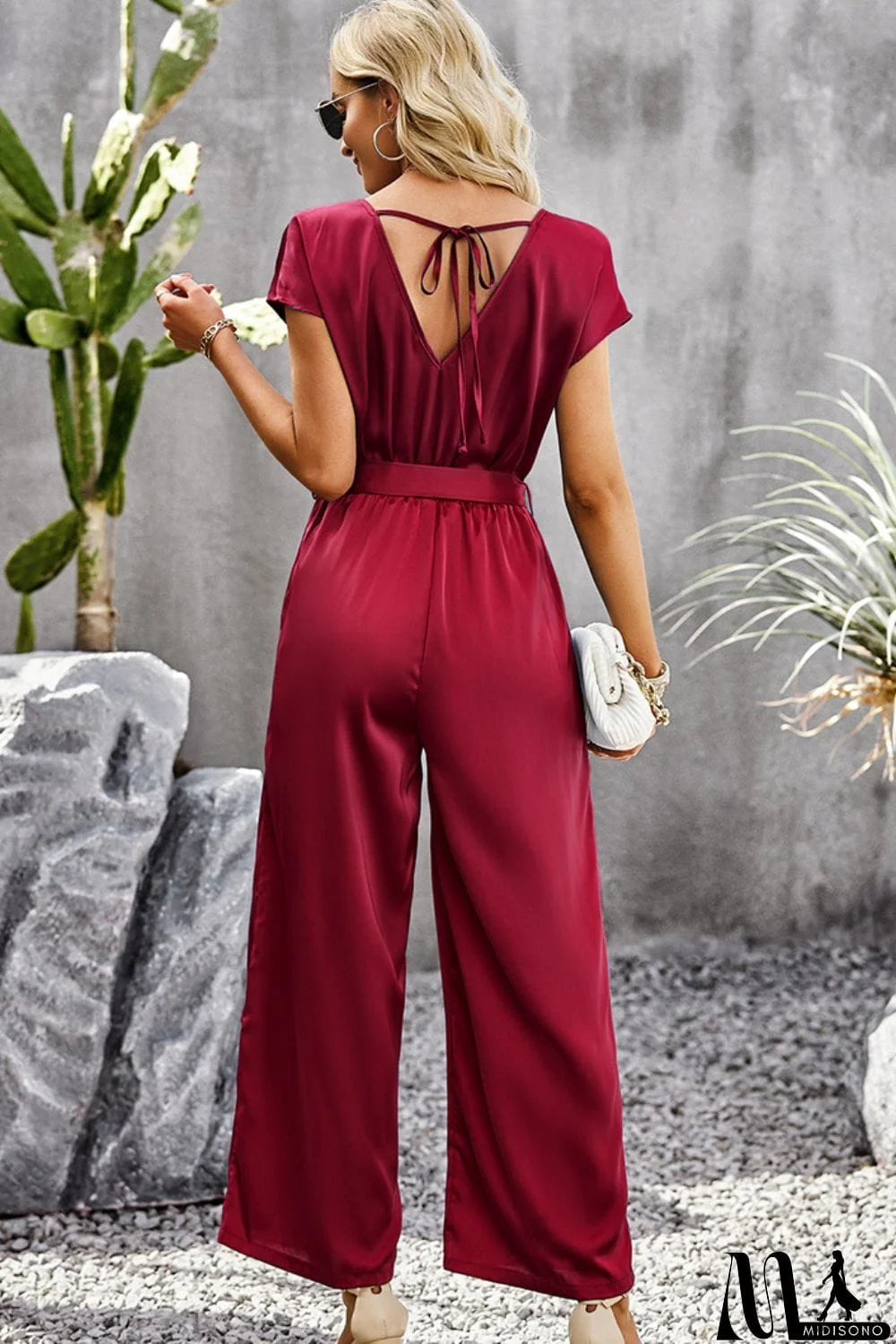 MidiSono - Tie Belt V-Neck Short Sleeve Jumpsuit